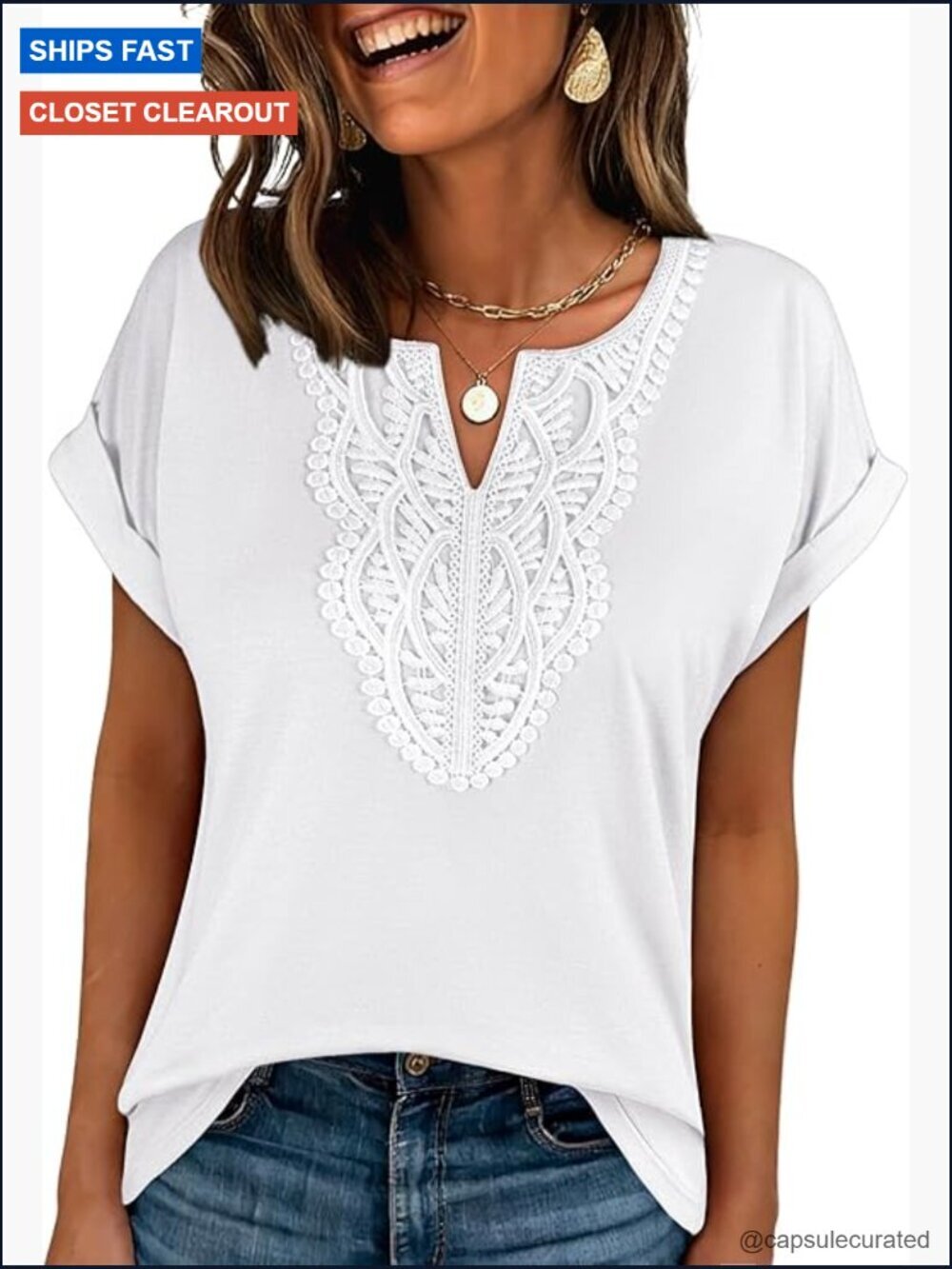 Womens Short Sleeve Boho V Neck Lace Blouse Dressy Casual Tunic Top